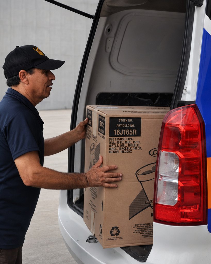 Personal de ESGO cargando una caja de producto en la unidad de reparto rotulada